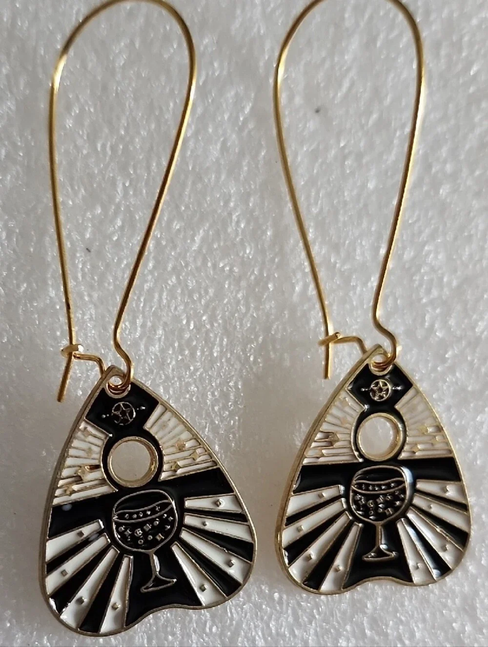 Hand Crafted Gold Black & White Sunburst Chalice Drop Earrings Ouija Planchette